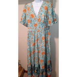 Shein Curve Floral Dress Wrap V-Neck Short Sleeve Size 0XL Green Orange‎